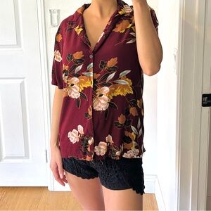 Burgundy Japanese Floral Button Down Top Shirt